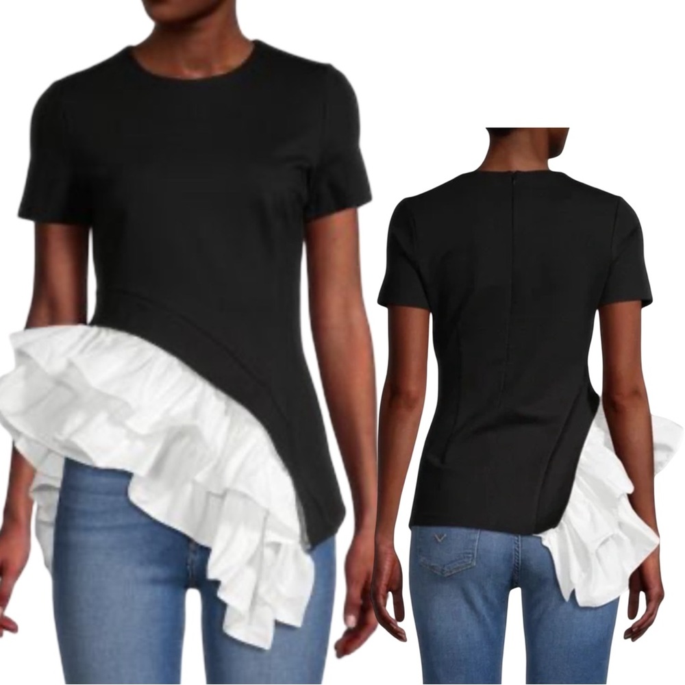 GRACIA Asymmetric Ruffle Hem Top Short Sleeve - Black and White - Size L